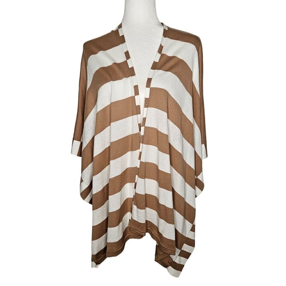 Chico's One Size Tan & White Striped Waterfall High Low, Shawl Cape Wrap Cotton